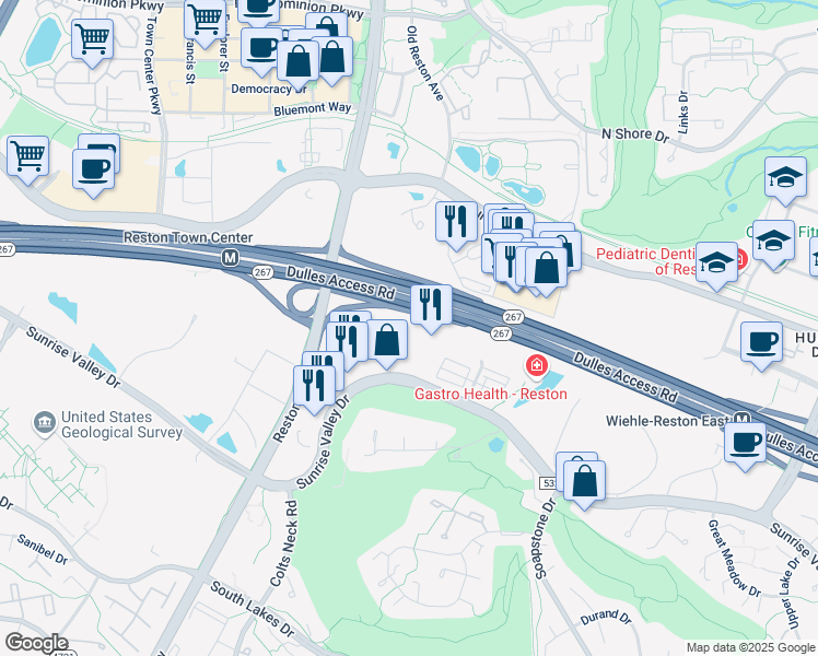 map of restaurants, bars, coffee shops, grocery stores, and more near 11790 Sunrise Valley Drive in Reston