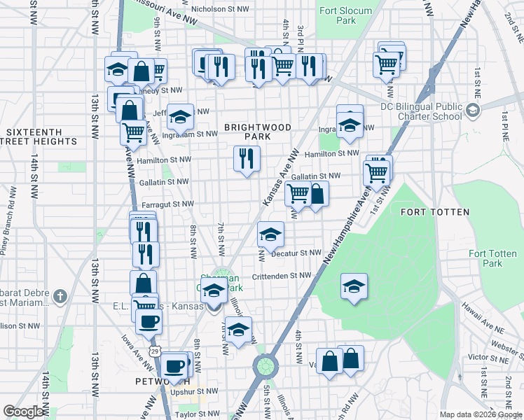 map of restaurants, bars, coffee shops, grocery stores, and more near Kansas Avenue Northwest in Washington