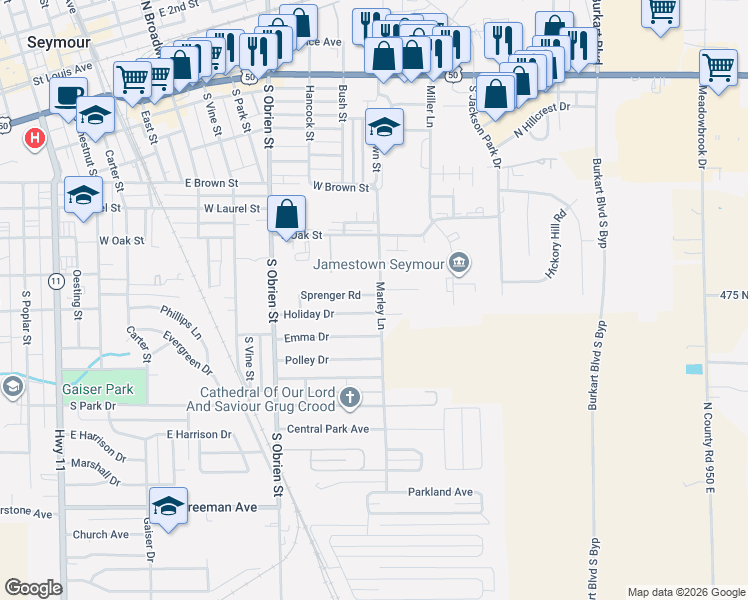 map of restaurants, bars, coffee shops, grocery stores, and more near 808 Sprenger Road in Seymour