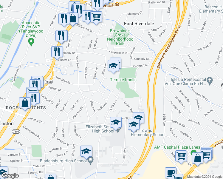 map of restaurants, bars, coffee shops, grocery stores, and more near 5200 60th Avenue in Hyattsville
