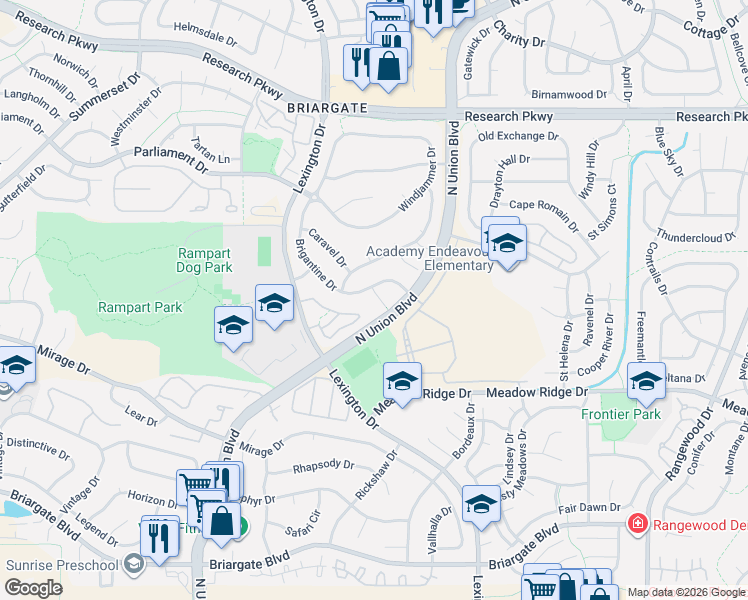 map of restaurants, bars, coffee shops, grocery stores, and more near 8120 Mainsail Court in Colorado Springs