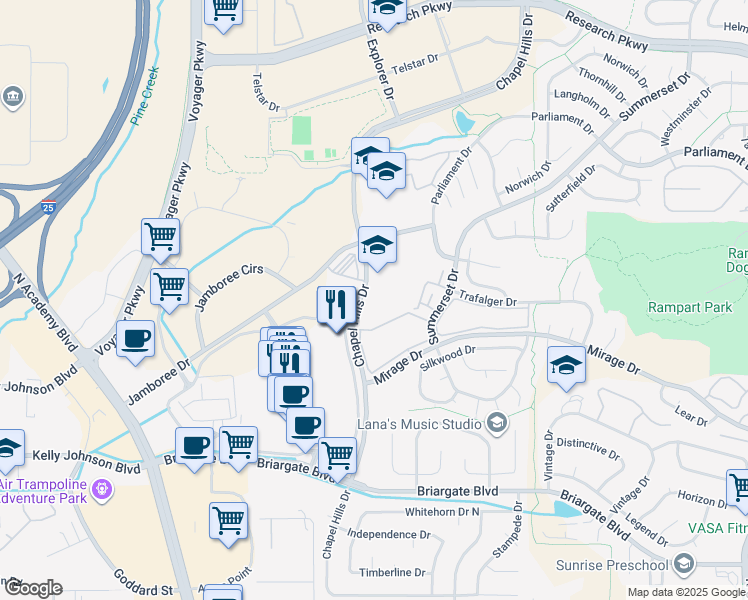 map of restaurants, bars, coffee shops, grocery stores, and more near 1470 Chapel Hills Drive in Colorado Springs