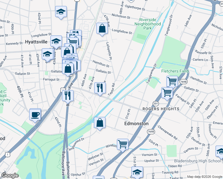 map of restaurants, bars, coffee shops, grocery stores, and more near in Hyattsville