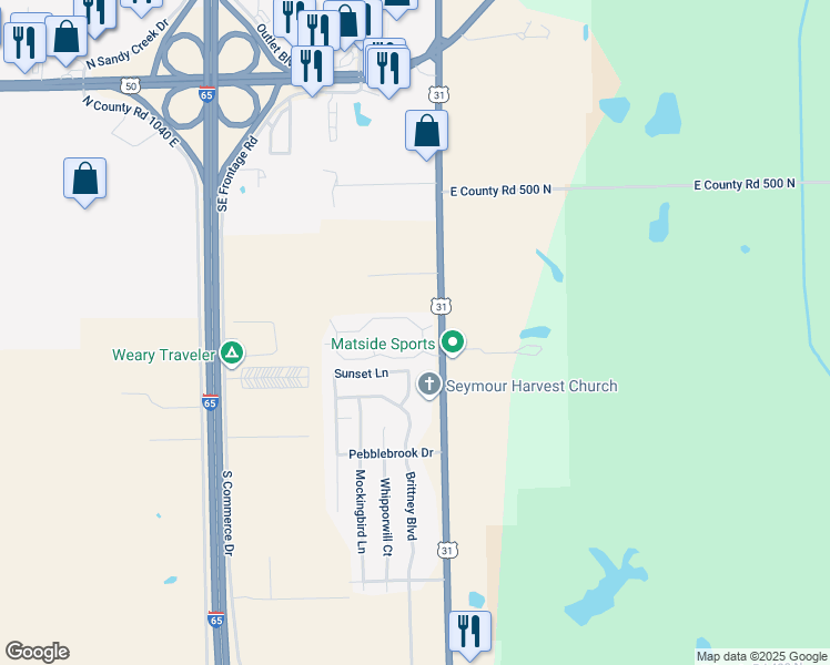 map of restaurants, bars, coffee shops, grocery stores, and more near 2571 Bent Tree Lane in Seymour