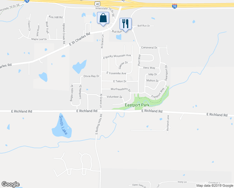 map of restaurants, bars, coffee shops, grocery stores, and more near 5419 Volunteer Drive in Columbia
