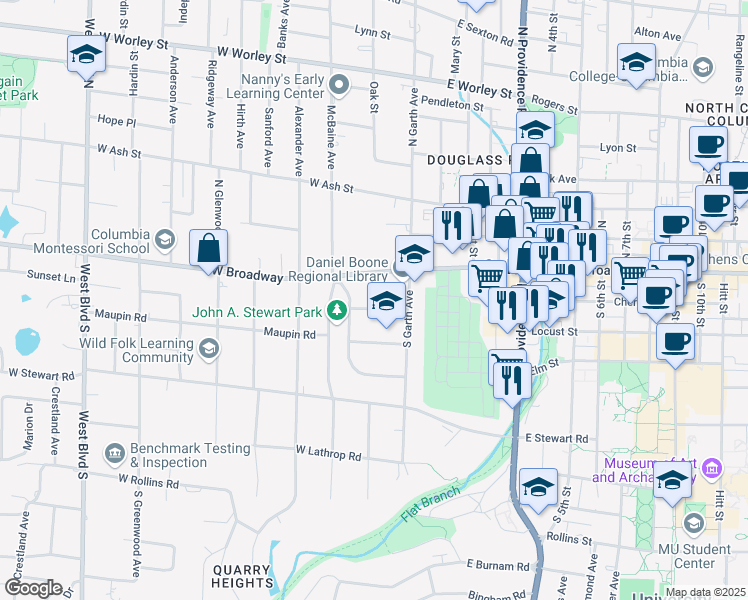 map of restaurants, bars, coffee shops, grocery stores, and more near 113 Crestmere Avenue in Columbia