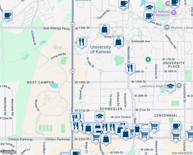 map of restaurants, bars, coffee shops, grocery stores, and more near 1621 Ousdahl Road in Lawrence