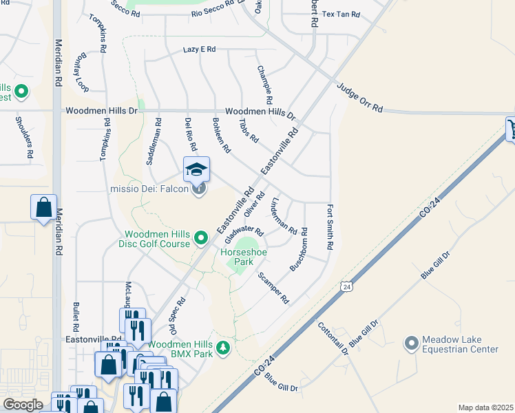map of restaurants, bars, coffee shops, grocery stores, and more near 8095 Oliver Road in Peyton