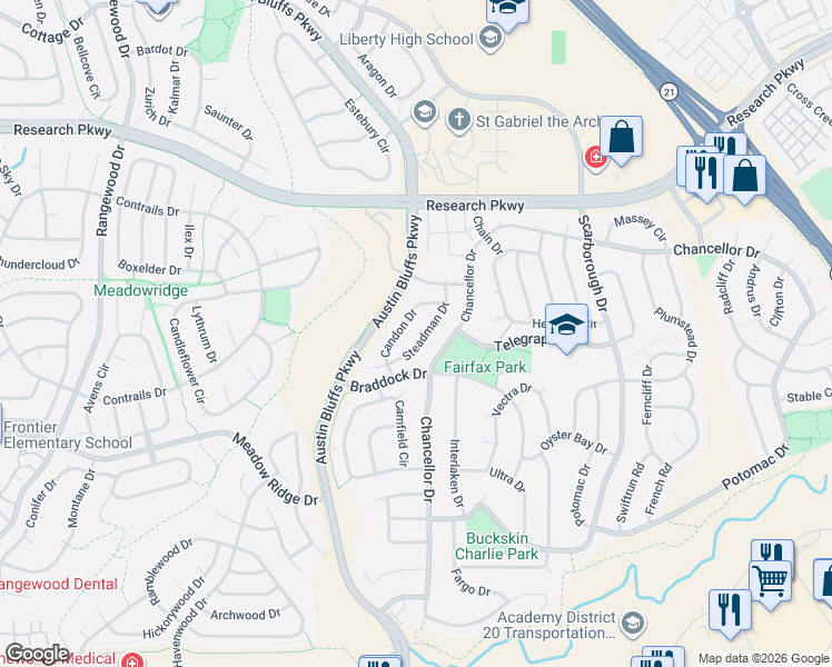 map of restaurants, bars, coffee shops, grocery stores, and more near 8230 Steadman Drive in Colorado Springs