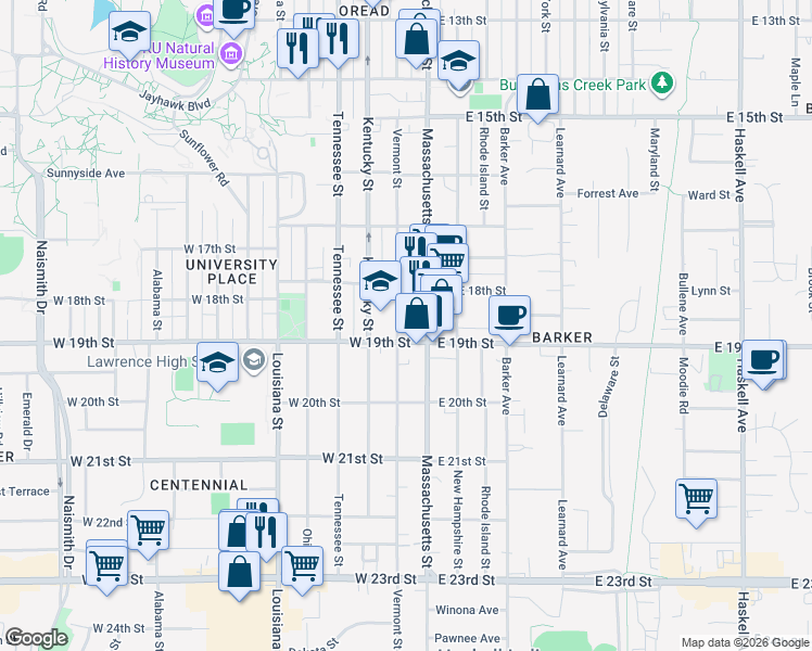 map of restaurants, bars, coffee shops, grocery stores, and more near 1836 Vermont Street in Lawrence