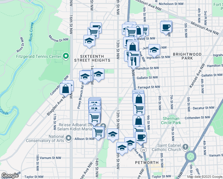 map of restaurants, bars, coffee shops, grocery stores, and more near 1308 Farragut Street Northwest in Washington