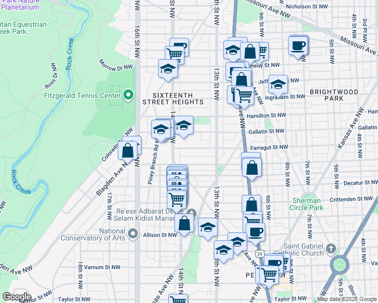 map of restaurants, bars, coffee shops, grocery stores, and more near 1324 Farragut Street Northwest in Washington