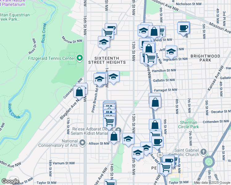 map of restaurants, bars, coffee shops, grocery stores, and more near 1326 Farragut Street Northwest in Washington