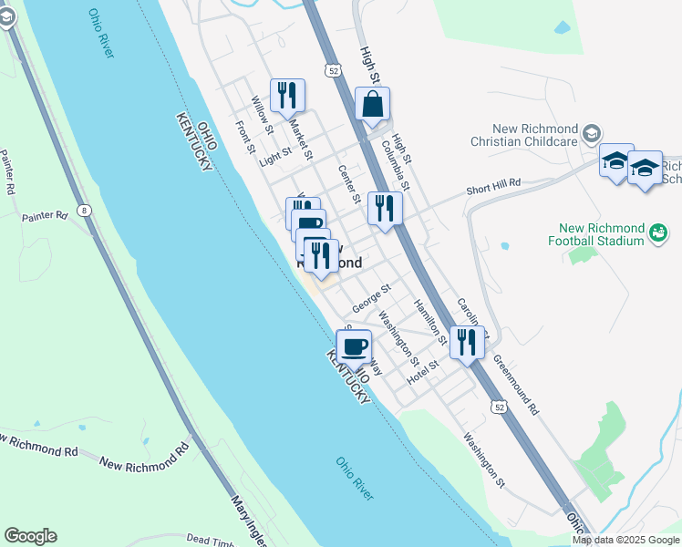 map of restaurants, bars, coffee shops, grocery stores, and more near 102 Willow Street in New Richmond