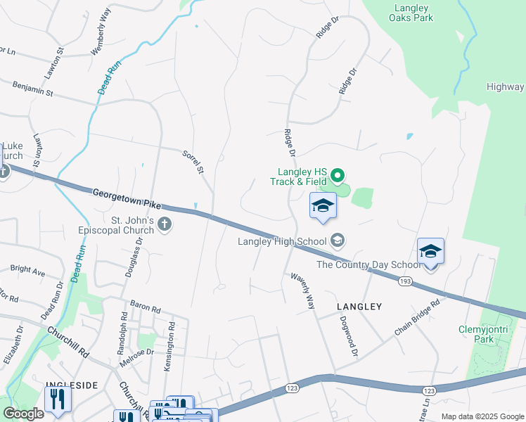 map of restaurants, bars, coffee shops, grocery stores, and more near 6610 Weatheford Court in McLean