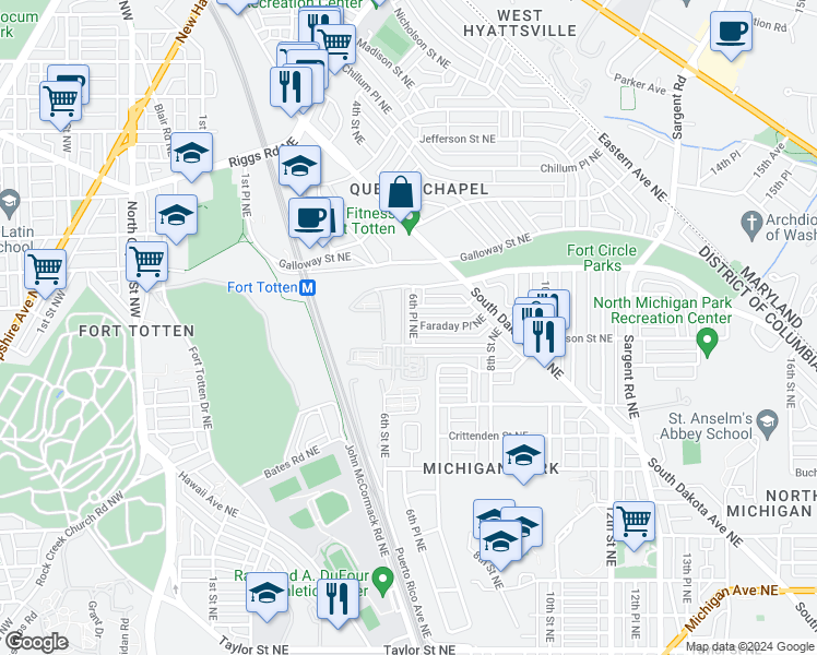 map of restaurants, bars, coffee shops, grocery stores, and more near 5020 6th Place Northeast in Washington
