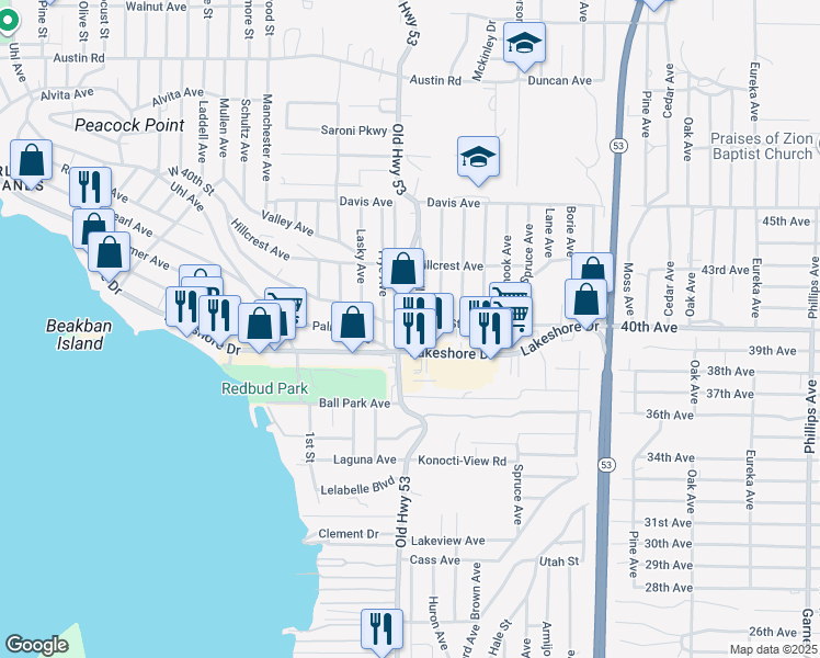 map of restaurants, bars, coffee shops, grocery stores, and more near 15150 Lakeshore Drive in Clearlake