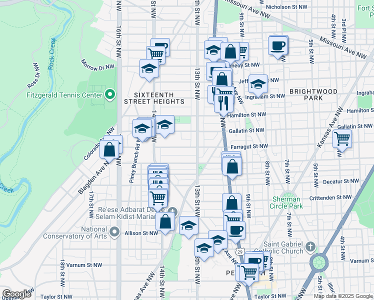 map of restaurants, bars, coffee shops, grocery stores, and more near 1308 Farragut Street Northwest in Washington