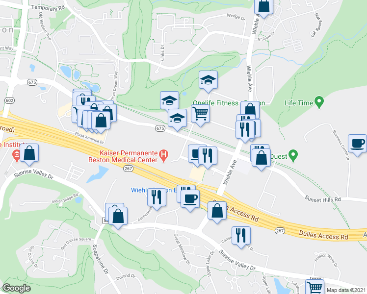 map of restaurants, bars, coffee shops, grocery stores, and more near Metro Center Drive in Reston