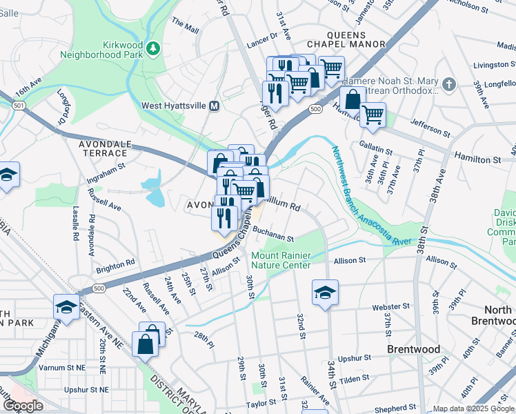 map of restaurants, bars, coffee shops, grocery stores, and more near 3179 Queens Chapel Road in Mount Rainier