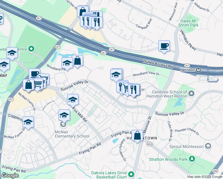 map of restaurants, bars, coffee shops, grocery stores, and more near 2350 Corporate Park Drive in Herndon