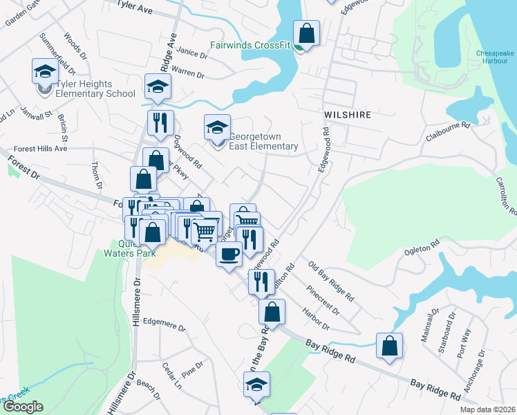 map of restaurants, bars, coffee shops, grocery stores, and more near 1 Silverwood Circle in Annapolis