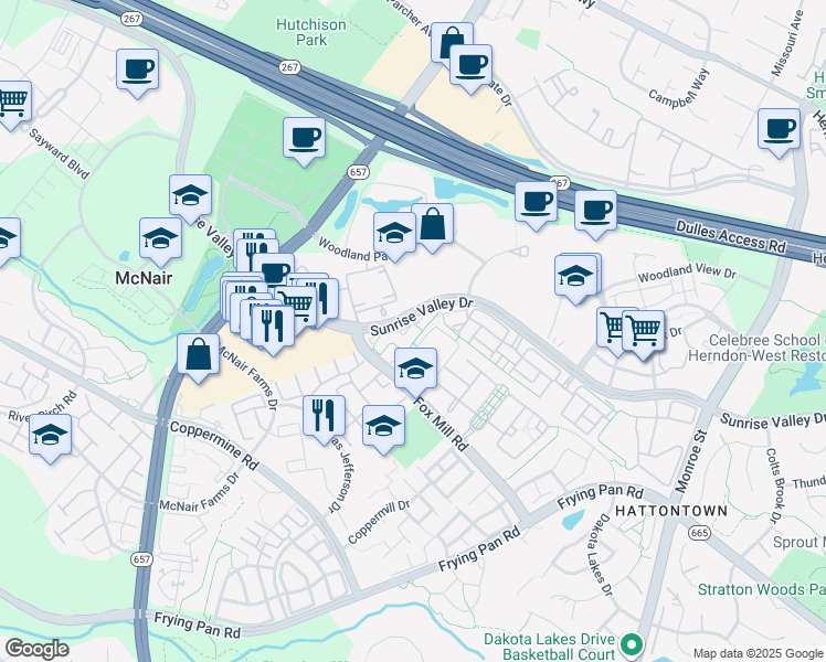 map of restaurants, bars, coffee shops, grocery stores, and more near 13221 Fox Hunt Lane in Herndon