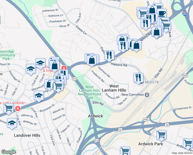 map of restaurants, bars, coffee shops, grocery stores, and more near 7717 Frederick Road in Hyattsville