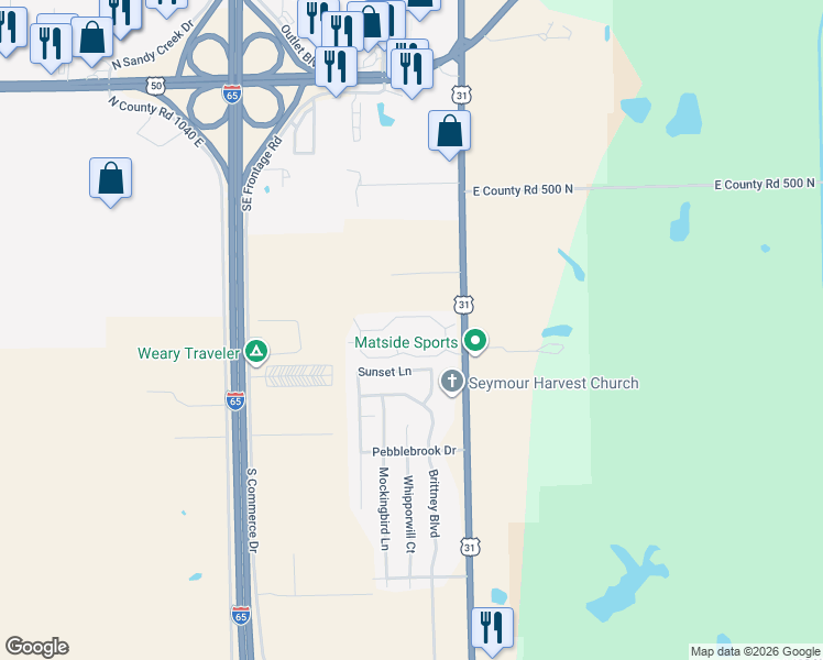 map of restaurants, bars, coffee shops, grocery stores, and more near 2571 Bent Tree Lane in Seymour