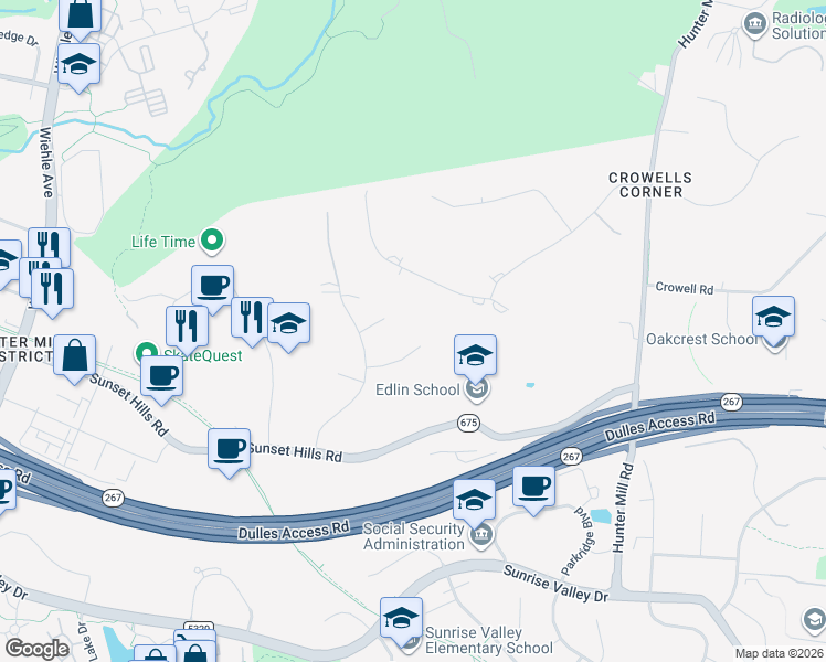 map of restaurants, bars, coffee shops, grocery stores, and more near 10902 Equestrian Ct in Reston