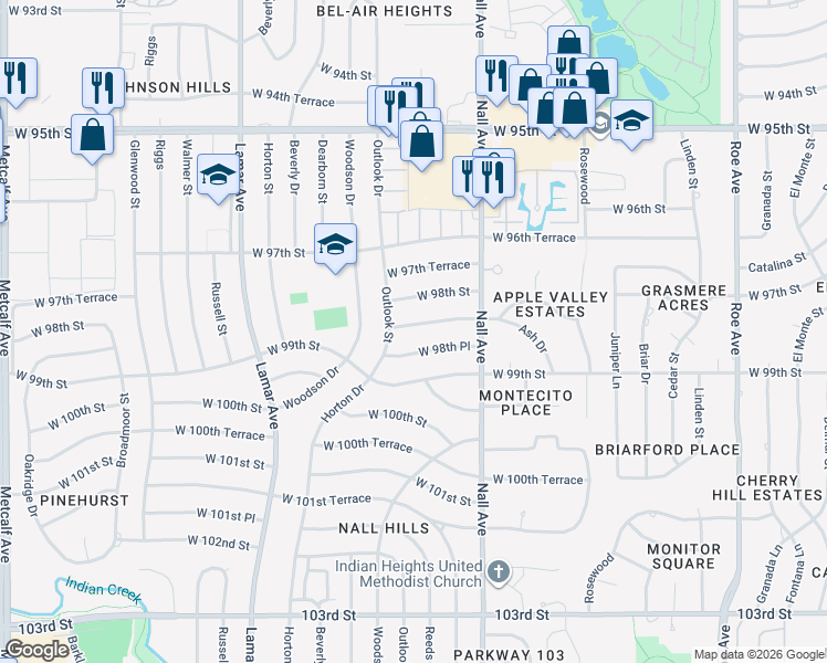 map of restaurants, bars, coffee shops, grocery stores, and more near 5707 West 98th Terrace in Overland Park