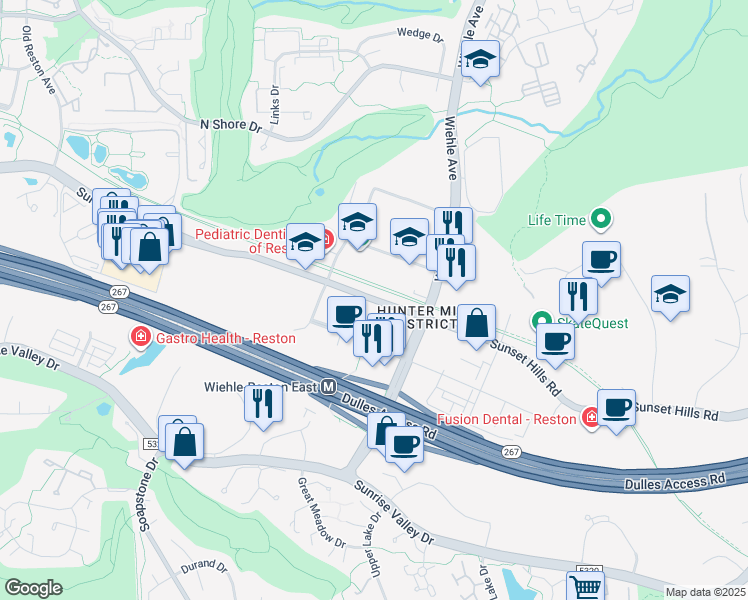 map of restaurants, bars, coffee shops, grocery stores, and more near 11359 Sunset Hills Road in Reston