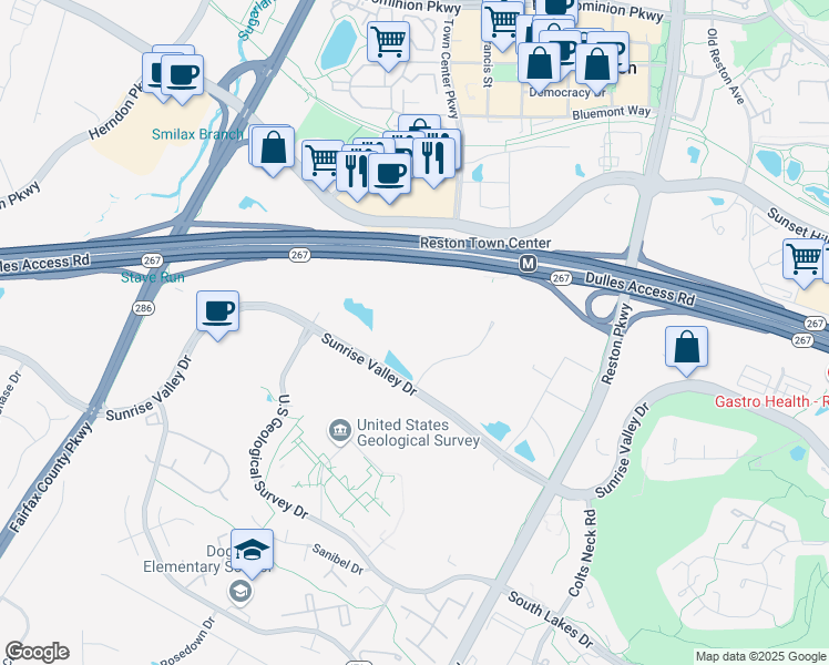 map of restaurants, bars, coffee shops, grocery stores, and more near 12098 Sunrise Valley Drive in Reston