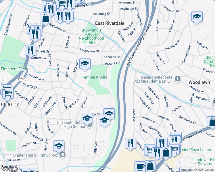 map of restaurants, bars, coffee shops, grocery stores, and more near 4401 Blue Heron Way in Bladensburg