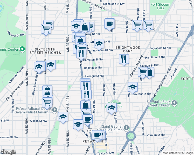 map of restaurants, bars, coffee shops, grocery stores, and more near 816 Farragut Street Northwest in Washington