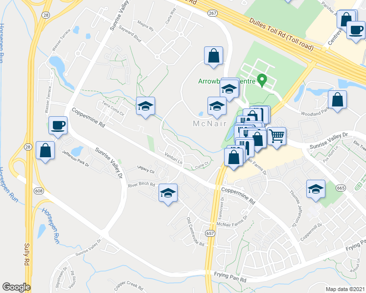 map of restaurants, bars, coffee shops, grocery stores, and more near 13602 Salk Street in Herndon