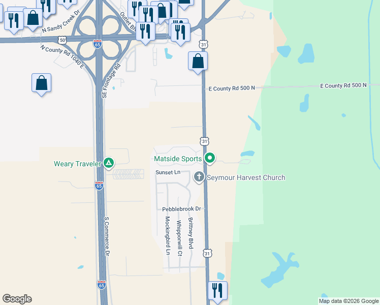 map of restaurants, bars, coffee shops, grocery stores, and more near 2571 Bent Tree Lane in Seymour