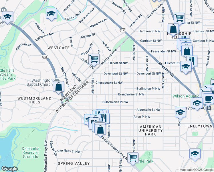 map of restaurants, bars, coffee shops, grocery stores, and more near 4628 48th Street Northwest in Washington