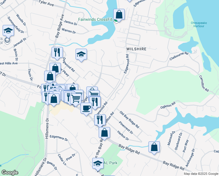 map of restaurants, bars, coffee shops, grocery stores, and more near 15 Silverwood Circle in Annapolis