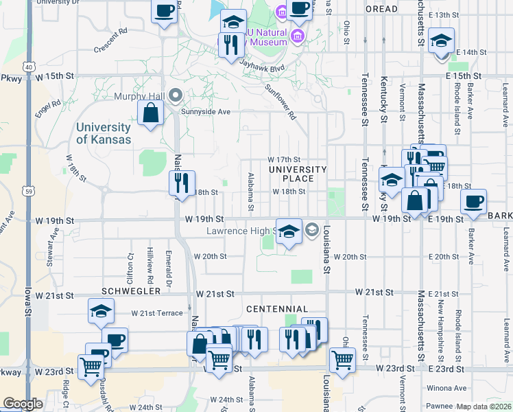 map of restaurants, bars, coffee shops, grocery stores, and more near 1831 Illinois Street in Lawrence