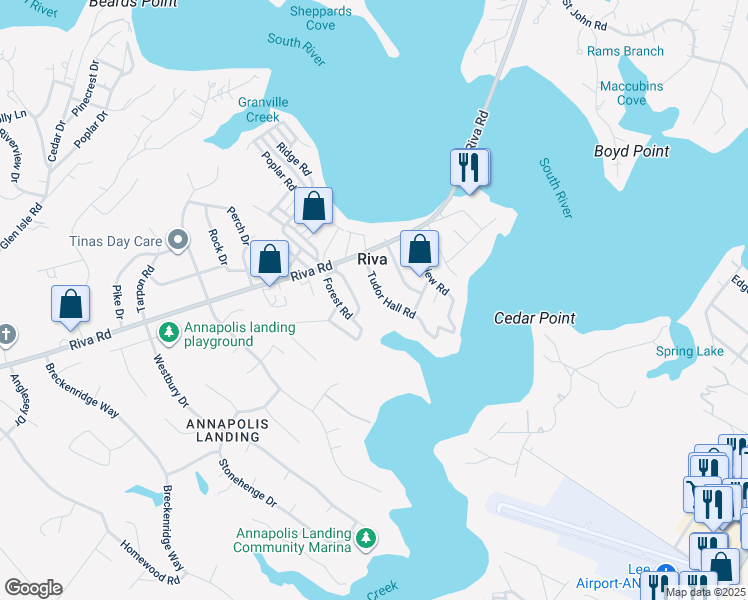 map of restaurants, bars, coffee shops, grocery stores, and more near 3066 Tudor Hall Road in Riva
