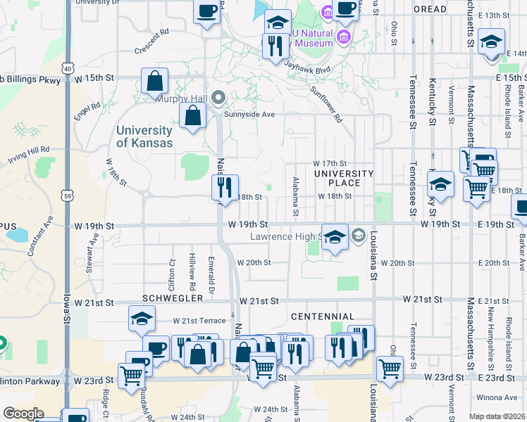 map of restaurants, bars, coffee shops, grocery stores, and more near 1820 Missouri Street in Lawrence