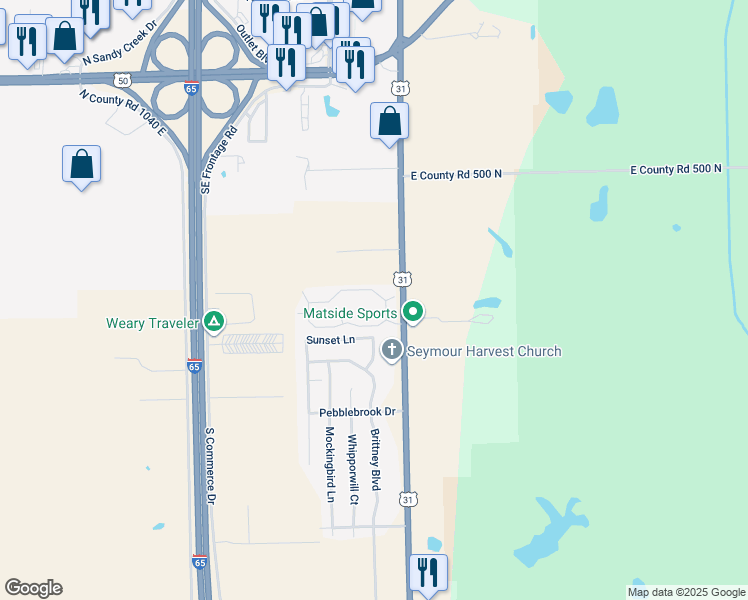 map of restaurants, bars, coffee shops, grocery stores, and more near 2571 Bent Tree Lane in Seymour