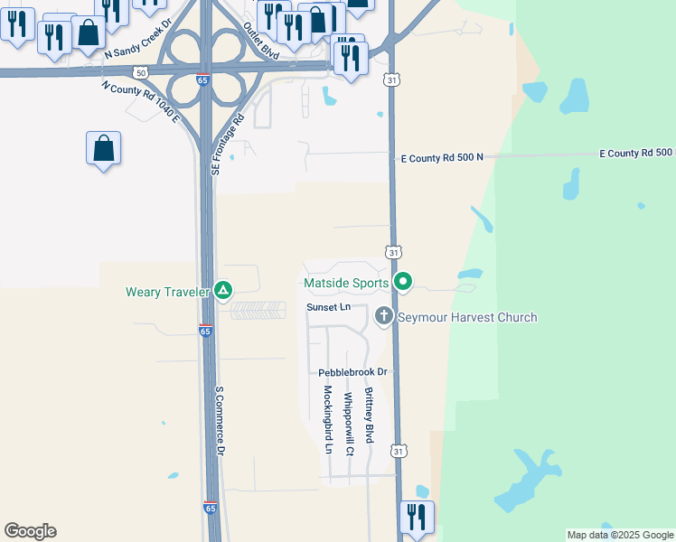 map of restaurants, bars, coffee shops, grocery stores, and more near 2710 Bent Tree Lane in Seymour