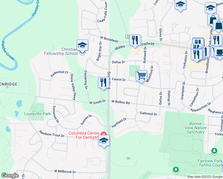 map of restaurants, bars, coffee shops, grocery stores, and more near 505-507 Brewer Drive in Columbia