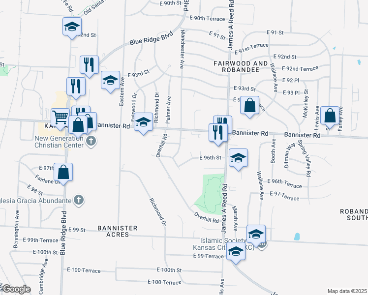 map of restaurants, bars, coffee shops, grocery stores, and more near 9536 Manchester Avenue in Kansas City