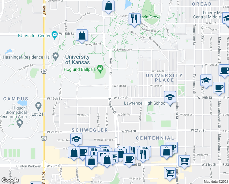 map of restaurants, bars, coffee shops, grocery stores, and more near 1816 Arkansas Street in Lawrence
