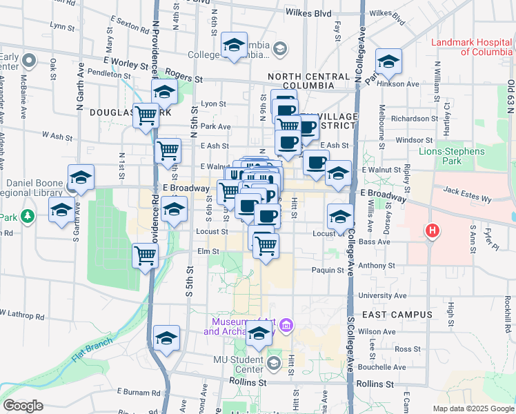 map of restaurants, bars, coffee shops, grocery stores, and more near 27 South 9th Street in Columbia