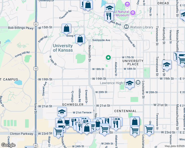 map of restaurants, bars, coffee shops, grocery stores, and more near 1800 Naismith Drive in Lawrence