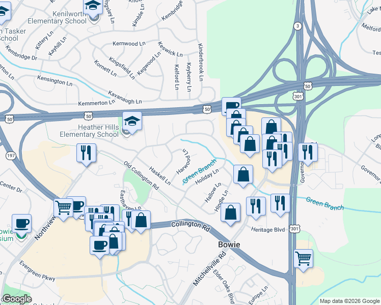 map of restaurants, bars, coffee shops, grocery stores, and more near 12800 Hollins Place in Bowie